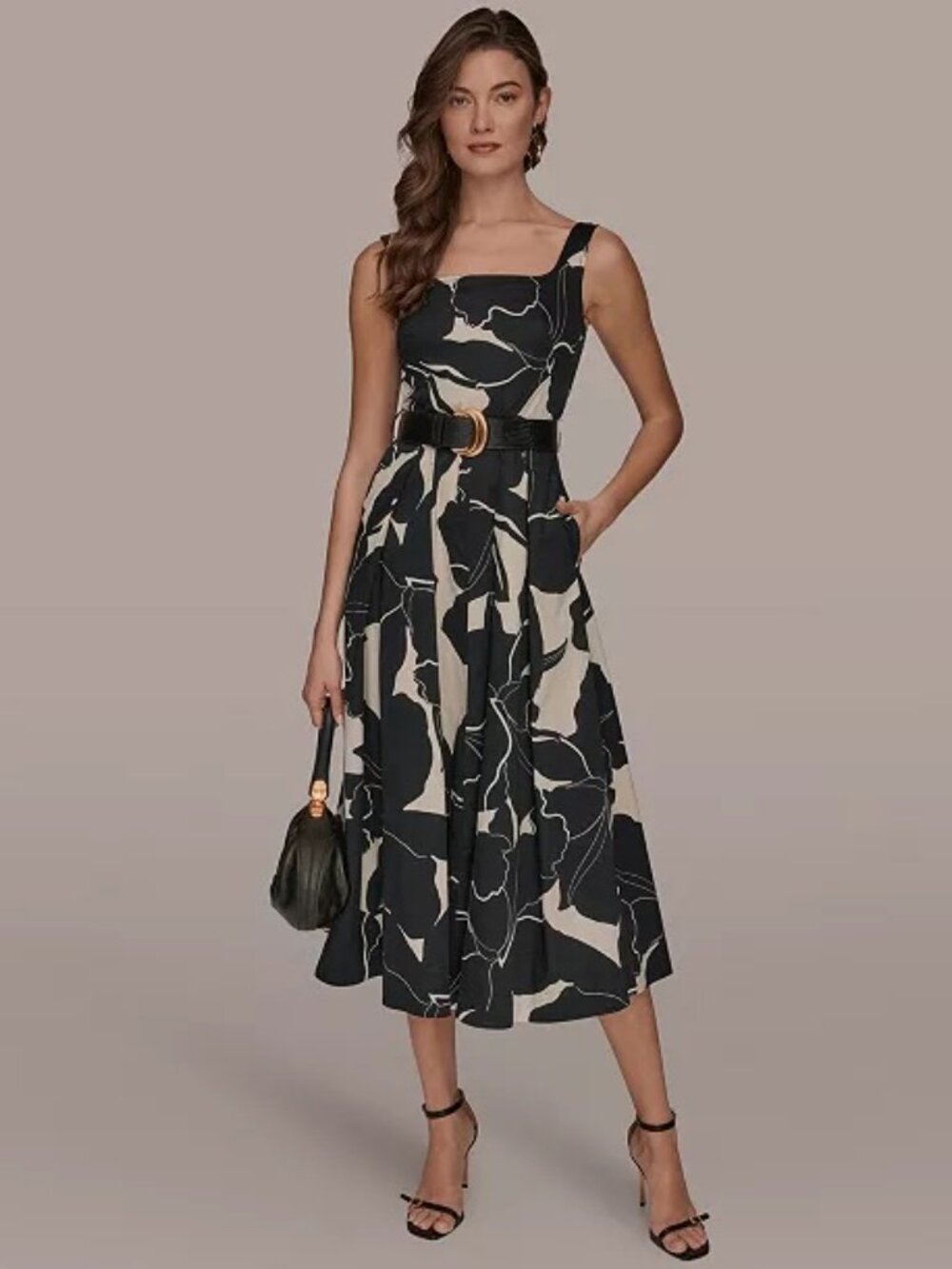 Donna Karan Belted Square Neck Floral Midi Dress Black Cream Size 4